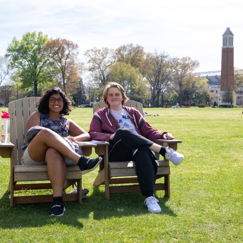 students studying, adirondack chairs, spring, quad