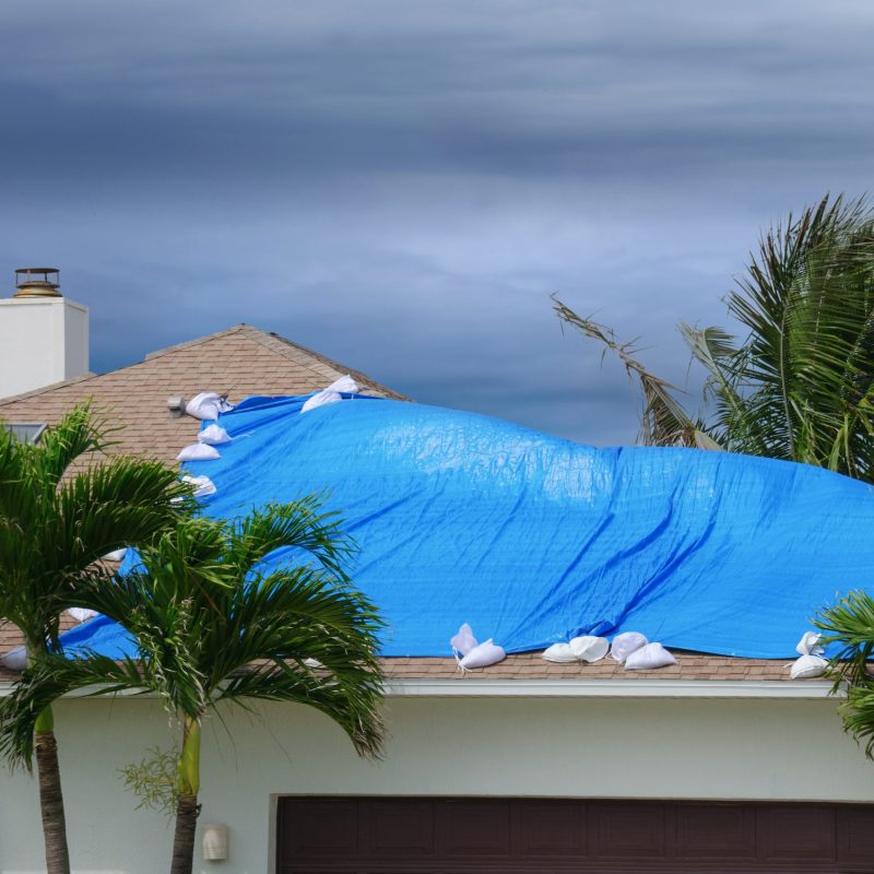 Storm damaged roof on house with a blue plastic tarp over hole in the shingles and rooftop.