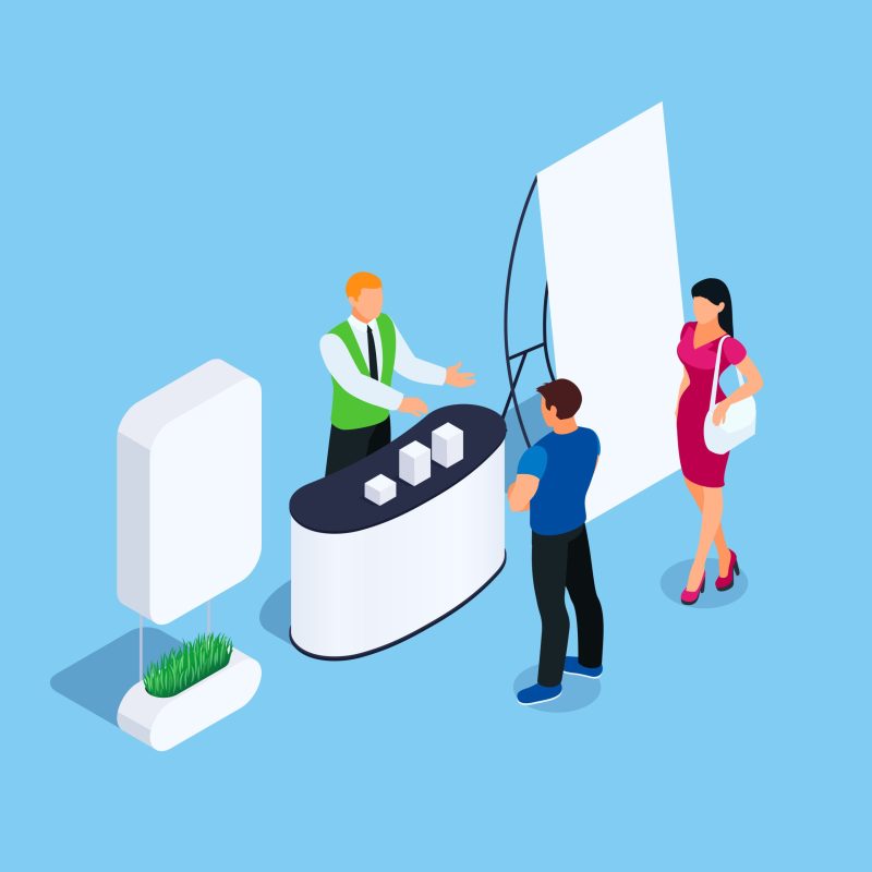 Isometric stand with promoter and customers. Promotional booth with advertising poster. Blank mockup. Vector illustration.