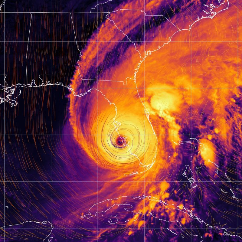 Hurricane Ian - colorful satellite weather map overlayed with wind streams. Satellite data provided by EUMETSAT.