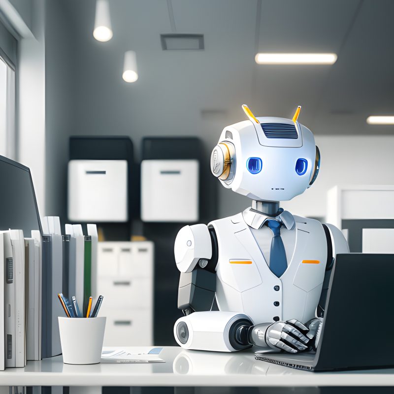 Cute robot businessman is working in the office. Concept idea of